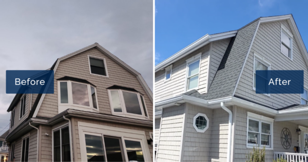 A gambrel-roofed Winthrop home under gray skies is shown beside the same roofline in sunshine, finished in new Charcoal GAF Timberline HDZ shingles with white trim. The storm-ready upgrade is the work of a roofing contractor in Winthrop.