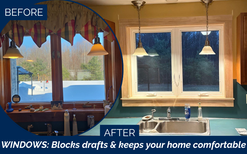 Before and after window installation in Ossipee NH improving curb appeal.