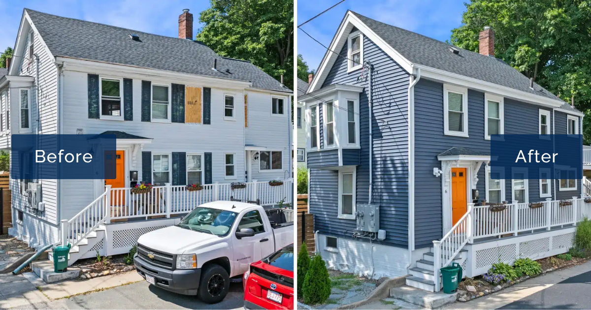 White lap siding with dark shutters and a boarded upper window gives way to rich indigo blue vinyl planks and crisp white trim on this Beverly home. The before-and-after shows how vinyl siding installation in Beverly MA refreshes a classic North Shore facade.