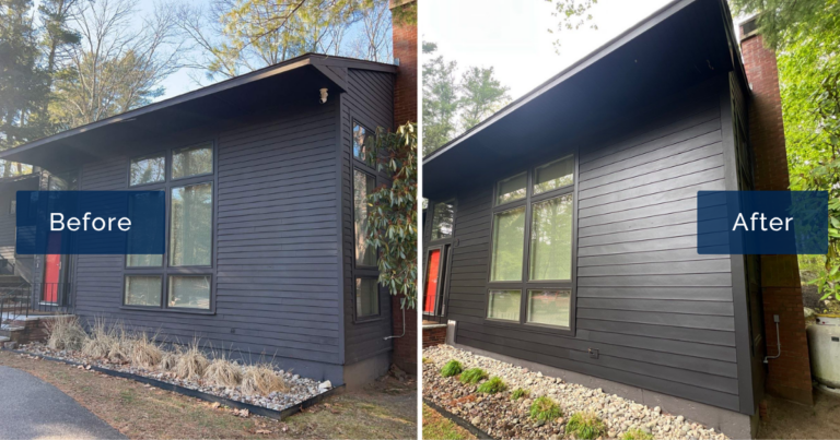 Weathered dark wood siding on a mid-century Canton home is shown beside the finished exterior in crisp Midnight Black James Hardie smooth plank. The before-and-after shows the precision of James Hardie certified installers in Canton.