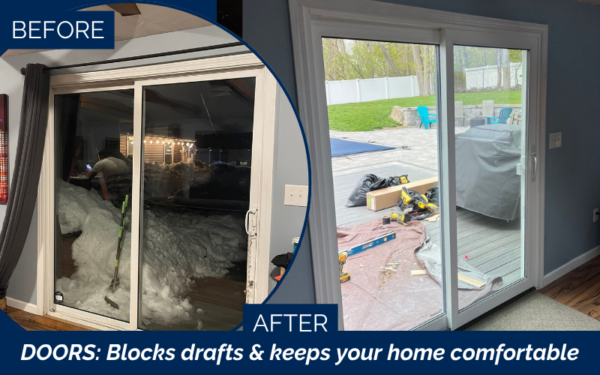 White vinyl sliding glass door installed in Danvers MA to reduce drafts.