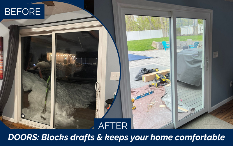 White vinyl sliding glass door installed in Danvers MA to reduce drafts.