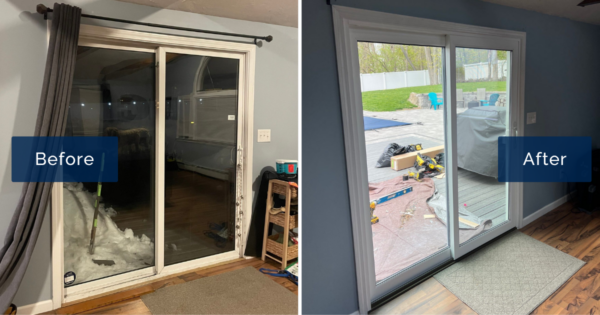 An aging sliding door with snow piled against the glass is shown beside its replacement, a bright white vinyl slider opening onto the patio and pool. This before-and-after captures sliding glass doors installed in Danvers MA.