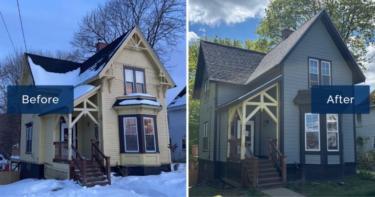 A snow-covered yellow Victorian with ornate gable trim stands beside the same Gardner home finished in Gray Slate James Hardie siding with Midnight Black trim. This before-and-after shows the work of James Hardie certified installers in Gardner MA.