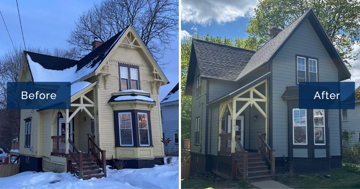 A snow-covered yellow Victorian with ornate gable trim stands beside the same Gardner home finished in Gray Slate James Hardie siding with Midnight Black trim. This before-and-after shows the work of James Hardie certified installers in Gardner MA.