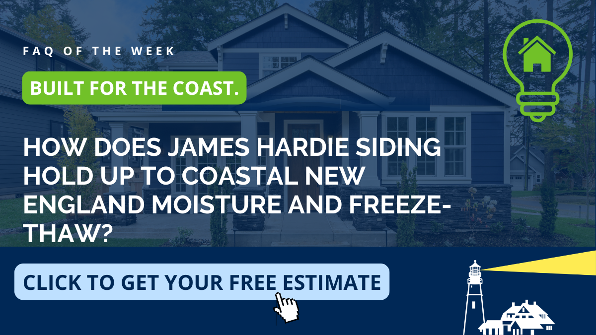 Educational graphic on how James Hardie siding holds up to coastal New England moisture and freeze-thaw, from Coastal Windows & Exteriors serving Kingston and Southern New Hampshire — covering water damage resistance, durability, and fiber cement siding performance.