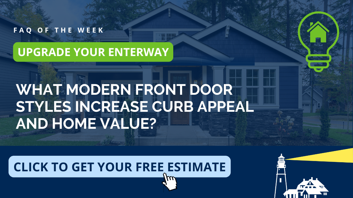 Educational graphic on modern front door styles that increase curb appeal and home value, from Coastal Windows & Exteriors serving Londonderry and Southern New Hampshire — covering entry door replacement, resale value, and energy-efficient upgrades.