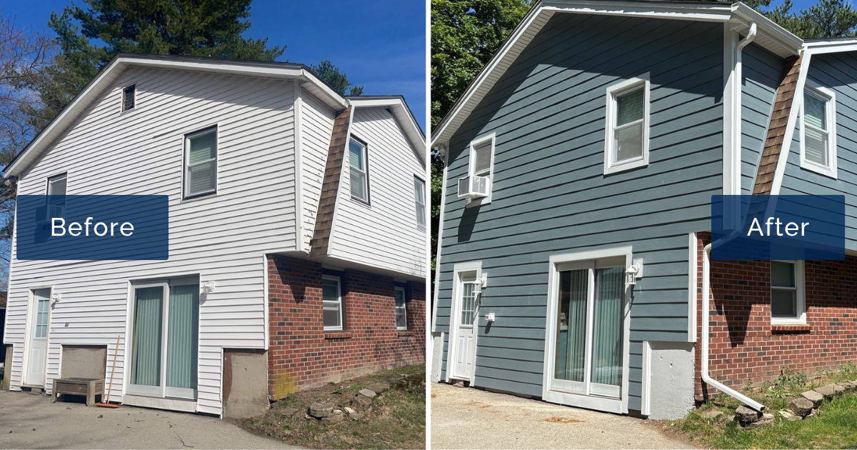 White vinyl siding on a Lowell split-level is shown beside the same walls finished in Boothbay Blue James Hardie CedarMill plank with Arctic White trim. The side-by-side reflects the work of James Hardie certified installers in Lowell.