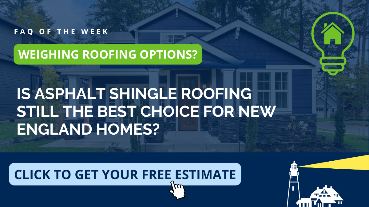 Educational graphic on whether asphalt shingle roofing is still the best choice for New England homes, from Coastal Windows & Exteriors serving Merrimack and Southern New Hampshire — covering roofing materials, storm resistance, and asphalt roof replacement.