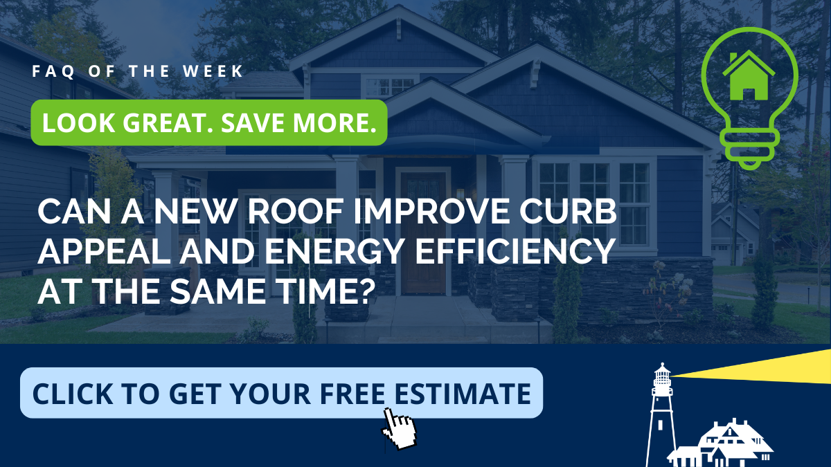 Educational graphic on whether a new roof can improve curb appeal and energy efficiency at the same time, from Coastal Windows & Exteriors serving Milford and Southern New Hampshire — covering roof replacement, curb appeal, and energy-efficient roofing.