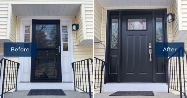 A white entry with a black full-glass storm door is shown beside its replacement, a black ProVia Legacy steel door with a glass lite and matching sidelites. This before-and-after showcases energy efficient doors in Natick MA.