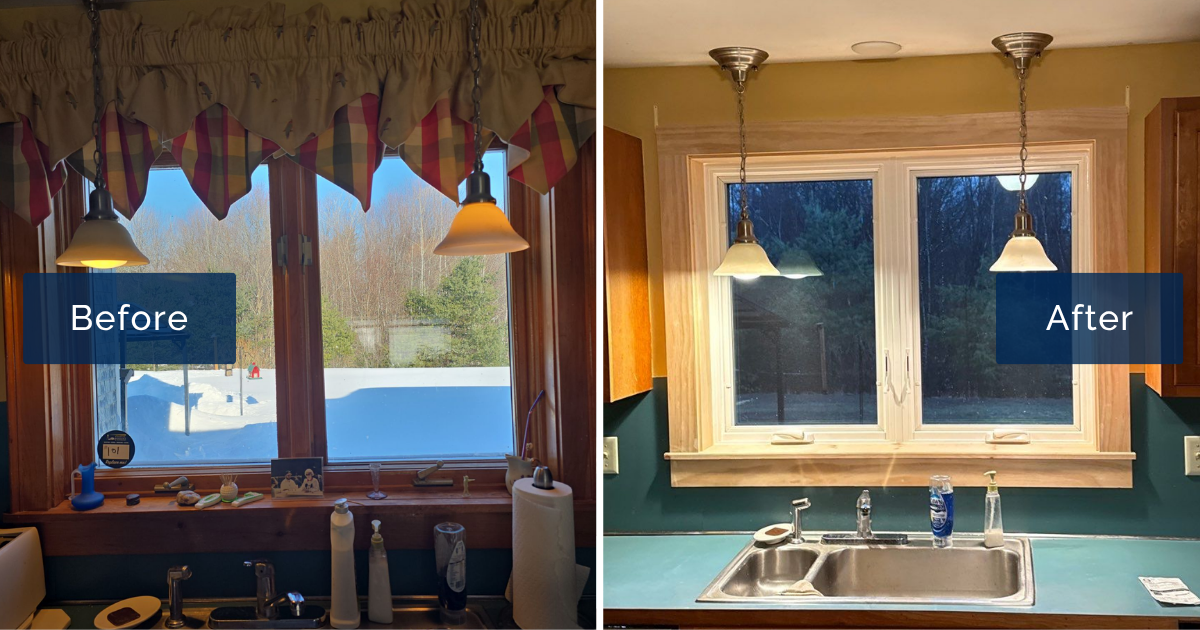 An old wood-framed kitchen window with a heavy valance and snowy view sits beside its replacement, a bright white casement window with fresh trim above the sink. This side-by-side captures a window installation in Ossipee done in a single day.