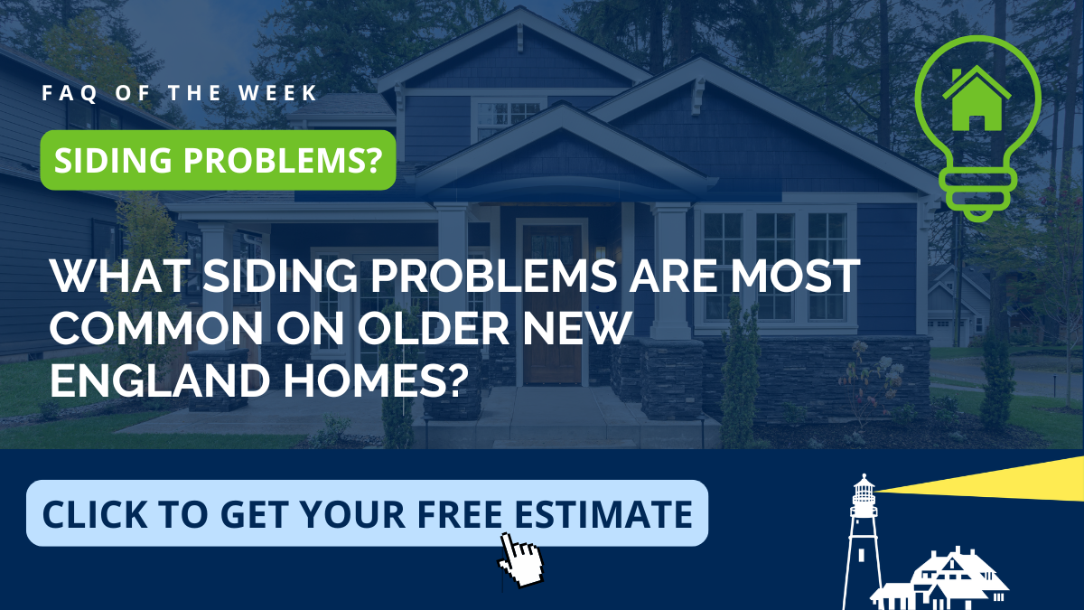 Educational graphic on the most common siding problems on older New England homes, from Coastal Windows & Exteriors serving Pelham and Southern New Hampshire — covering rot, water damage, and durable fiber cement siding replacement.