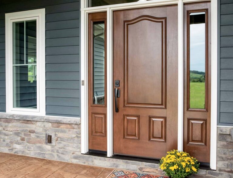 A rich wood-look entry door with decorative sidelights creates a welcoming first impression while providing dependable protection. Choosing Front door installation in Plymouth NH ensures your home receives a secure, stylish entrance built to withstand New Hampshire's climate.