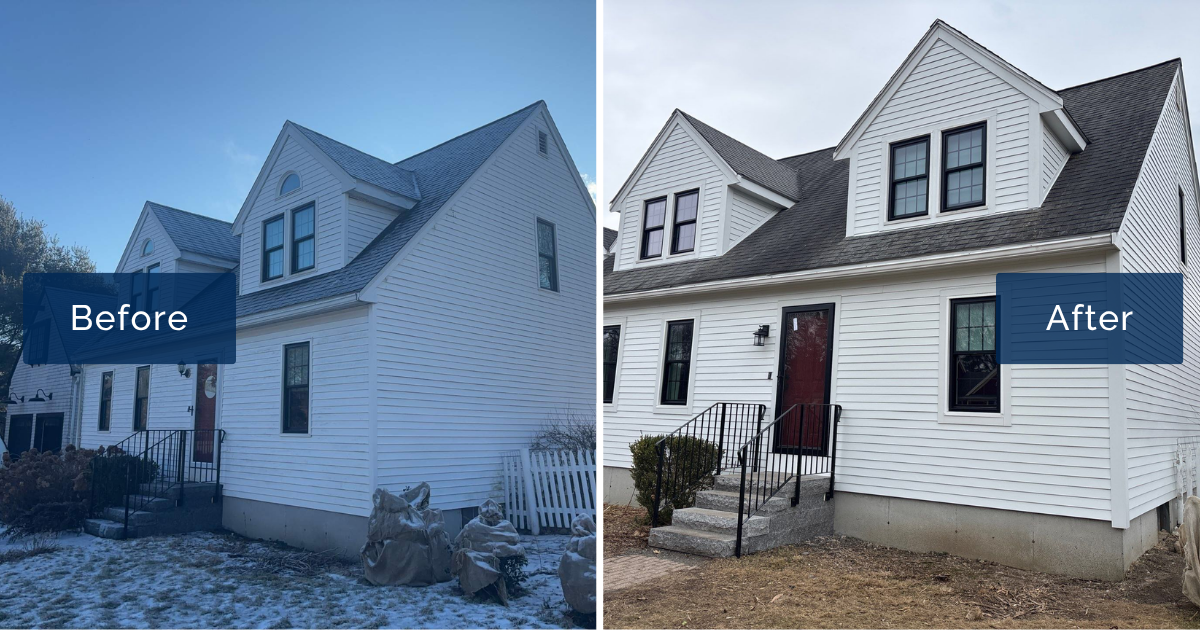 A frosty winter view of this Rowley Cape with old siding and half-round dormer windows sits beside the finished home in crisp Arctic White James Hardie plank. The transformation is the work of James Hardie certified installers in Rowley MA.