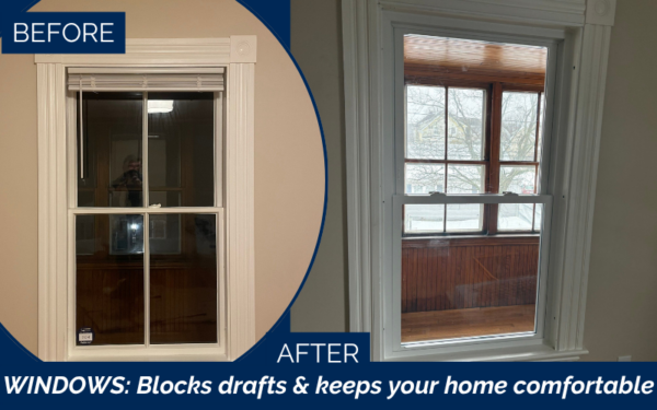 Before and after double hung vinyl window installation in Salem MA.
