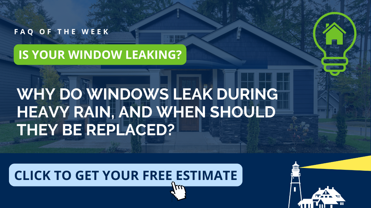 Educational graphic on why windows leak during heavy rain and when to replace them, from Coastal Windows & Exteriors serving Salem and Southern New Hampshire — covering seal failure, water damage, and energy-efficient replacement windows.
