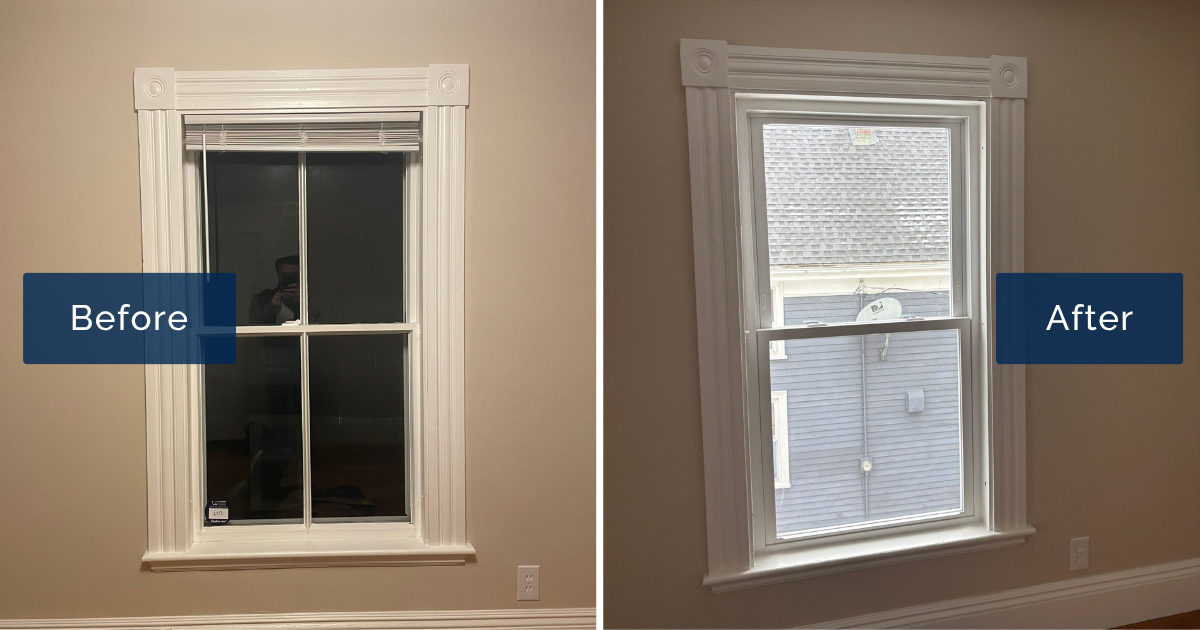 An older double-hung with a pull-down shade sits inside decorative rosette trim, shown next to the same opening fitted with a bright new white window. The side-by-side captures a window installation in Salem MA that kept the room's classic casing intact.