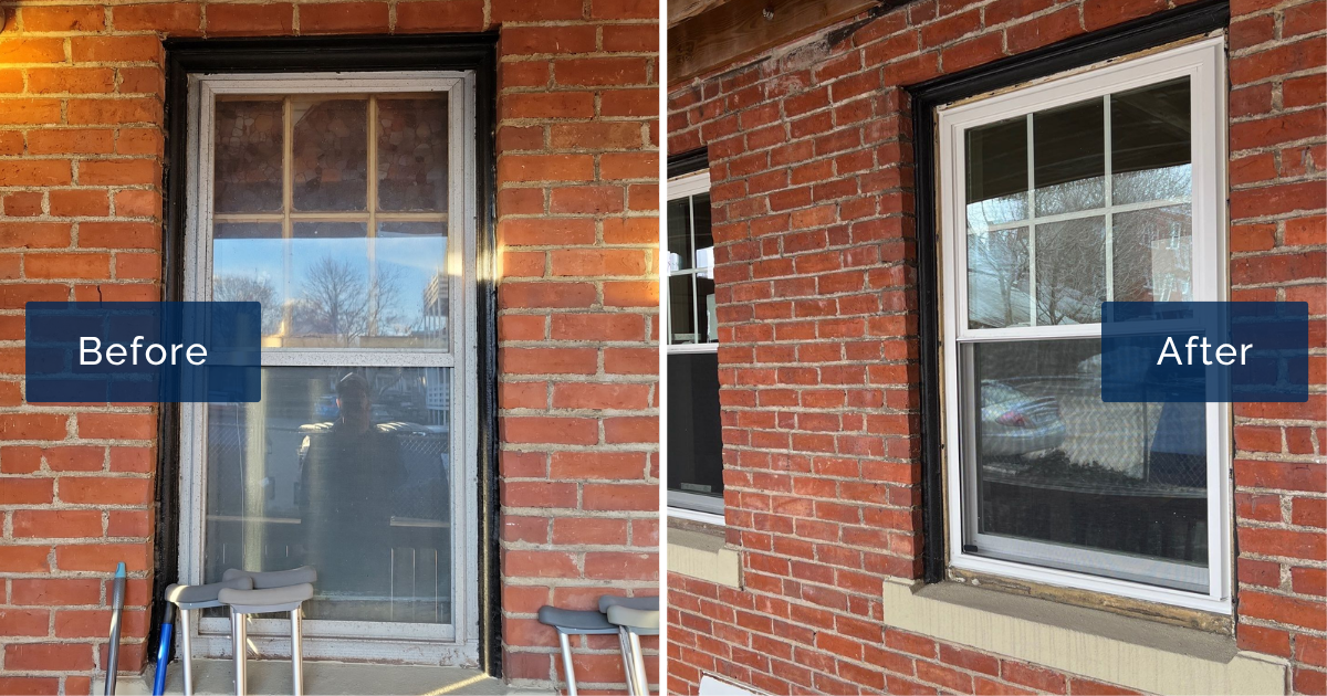 A worn white window with a weathered sash in a red brick wall is shown beside its replacement, a crisp Harvey Classic double-hung with grids in the top sash. This before-and-after highlights a window installation in Salem MA.