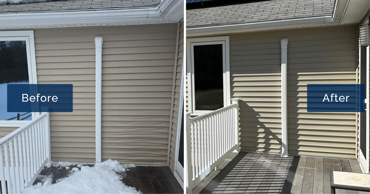 Wavy, heat-warped vinyl panels beside a snowy deck are shown next to the same wall finished in smooth new Rye siding with a white downspout and railing. This side-by-side captures a targeted vinyl siding installation in Topsfield.