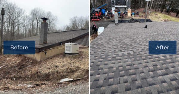 On the left, faded shingles and a block chimney top this Acworth home before work began; on the right, new architectural shingles cover the finished slope. This roof replacement in Acworth NH gave the property a fresh, weather-tight surface.