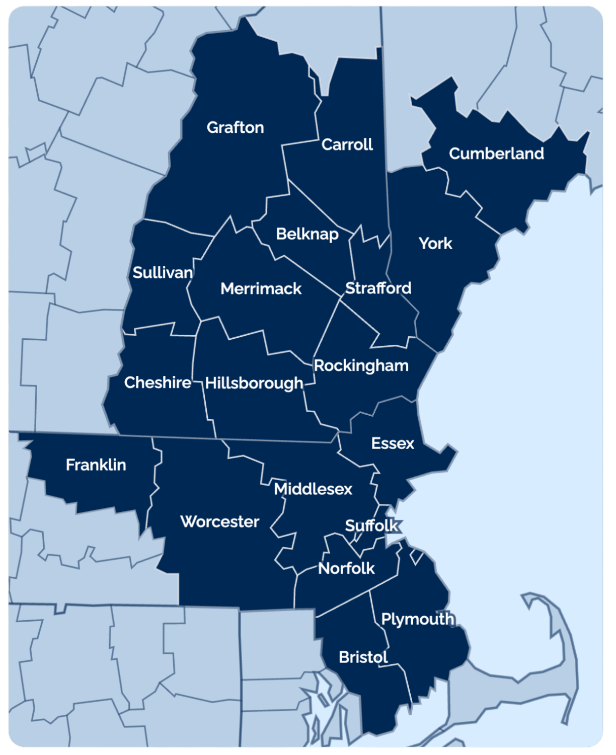 Service area map showing Coastal Windows & Exteriors New Hampshire coverage across Massachusetts, New Hampshire, and Maine counties.