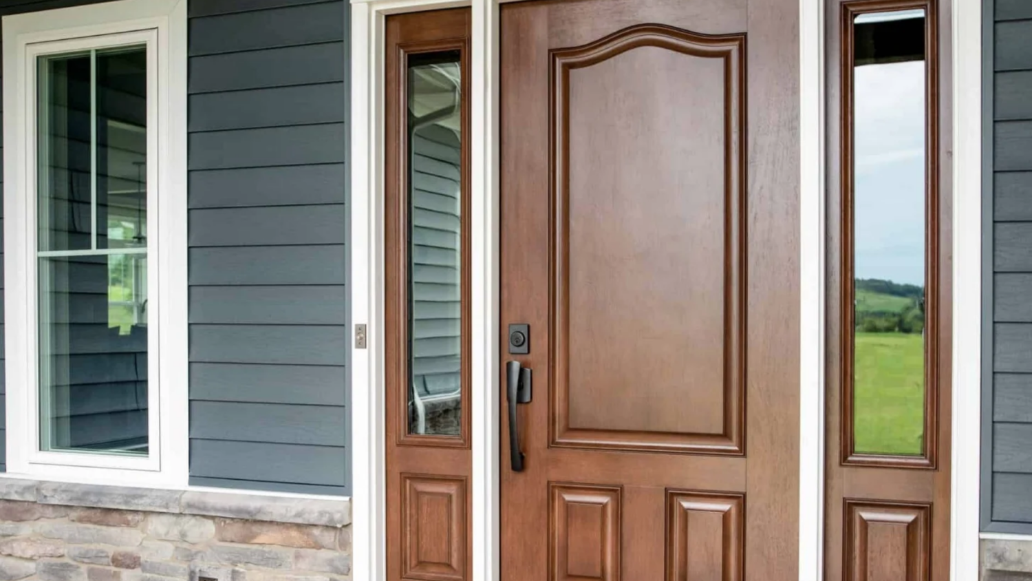 A rich wood-tone entry door installed alongside gray siding, an example of exterior remodeling by Coastal Windows & Exteriors in Beverly, MA.