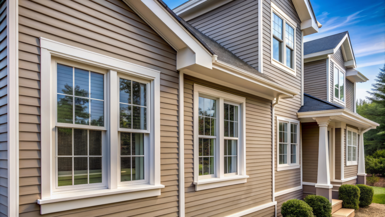 Close-up of tan vinyl siding and white-trimmed windows on a home, showcasing exterior remodeling by Coastal Windows & Exteriors in Beverly, MA.