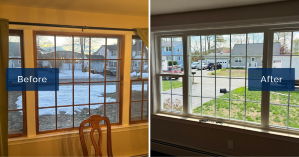 Dated wood-framed grid windows inside a Nashua dining room are shown beside the finished exterior, where new white Harvey Tribute windows sit between black shutters. This before-and-after captures a complete window installation in Nashua NH.