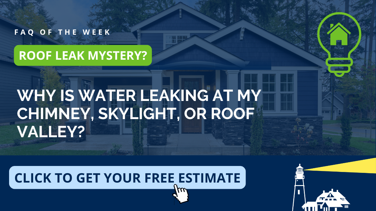 Water leaking at a chimney, skylight, or roof valley in Newburyport on the North Shore — Coastal Windows & Exteriors explains why flashing fails and how to stop roof leaks in New England homes.