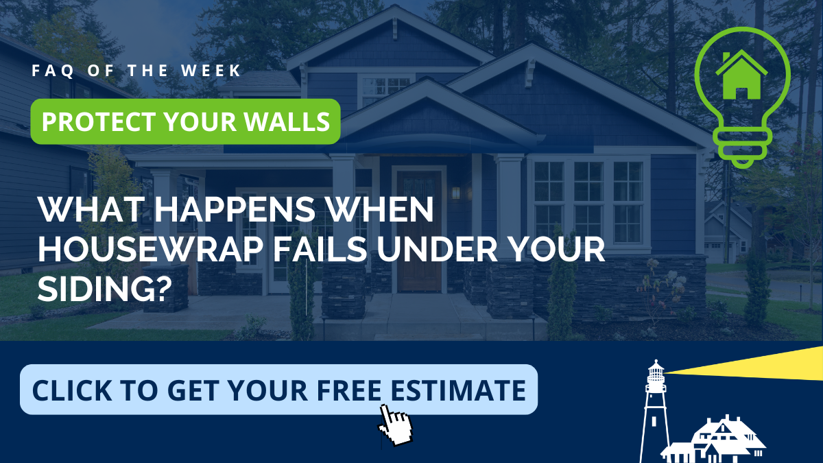 Siding water-damage FAQ for Newburyport, North Shore homeowners by Coastal Windows & Exteriors — how failed housewrap lets moisture rot wall sheathing behind vinyl and James Hardie fiber cement siding.