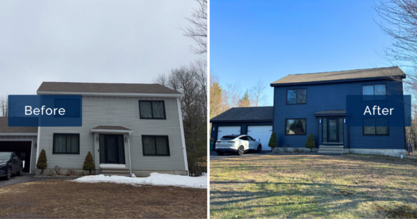 Gray vinyl siding on the left gives way to deep blue James Hardie Cedarmill plank with black trim on the right. This before-and-after from James Hardie certified installers in Rochester NH shows a full tear-off transforming a Strafford County colonial.