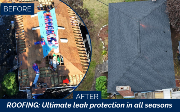 Before and after GAF roof replacement in Taunton MA with Charcoal shingles.