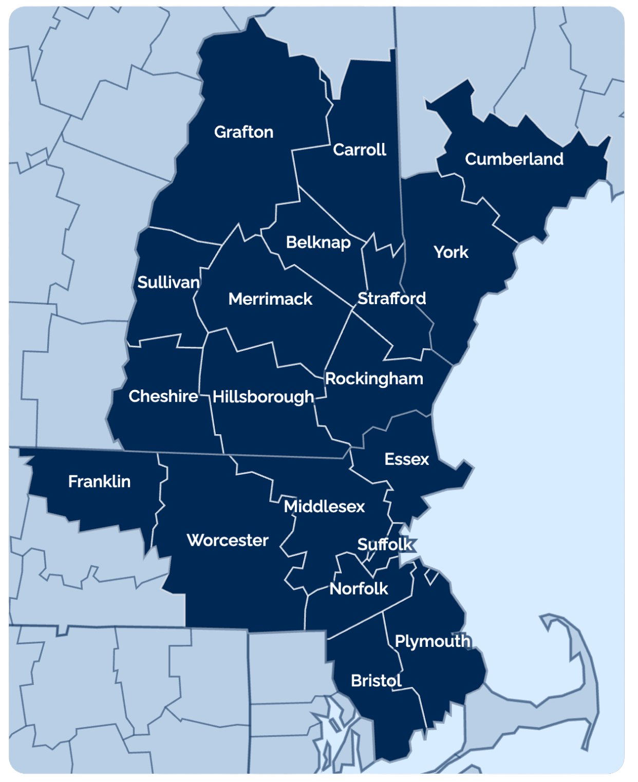Service area map showing Coastal Windows & Exteriors coverage across Massachusetts, New Hampshire, and Maine counties, including Essex County.