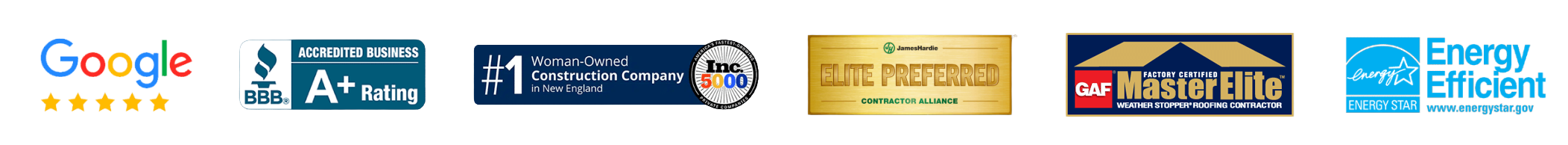 Coastal Windows & Exteriors trust badges: 5-star Google rating, BBB A+ accredited business, #1 woman-owned construction company in New England, James Hardie Elite Preferred contractor, GAF Master Elite certified roofer, ENERGY STAR partner