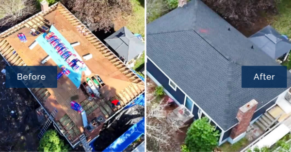 This before and after roof replacement shows the transformation of a Taunton, MA home from exposed roof decking during installation to a finished roof with GAF HD-Z shingles. Homeowners comparing roofing companies in Taunton can see how a professional roof replacement enhances protection and curb appeal.