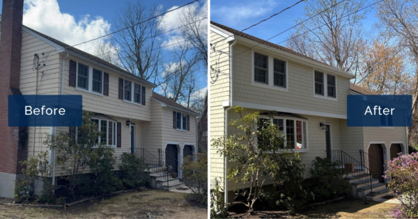 Before and after James Hardie siding installation on a colonial home in Acton, MA by Coastal Windows & Exteriors.
