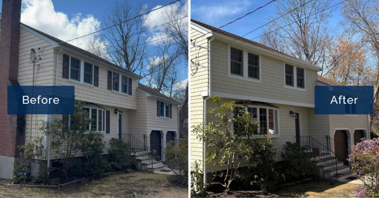Before and after James Hardie siding installation on a colonial home in Acton, MA by Coastal Windows & Exteriors.