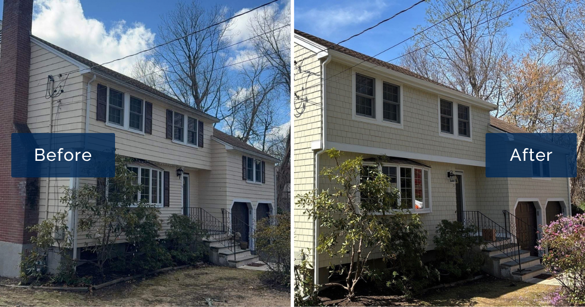 Before and after James Hardie siding installation on a colonial home in Acton, MA by Coastal Windows & Exteriors.