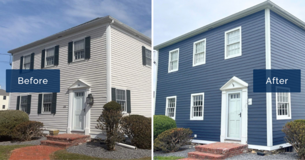 A before-and-after comparison shows the Briere home in Amesbury, MA transformed from faded wood plank siding to rich Deep Ocean James Hardie Cedarmill plank siding. The dramatic contrast highlights how new siding protects against pests, moisture, and rot while completely refreshing the home's curb appeal.