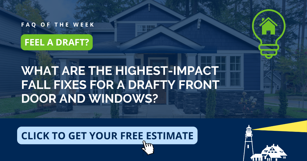 Blue craftsman-style home with a wood-tone front entry door and white multi-pane windows in Hingham, MA, highlighting fall fixes for a drafty front door and windows, including front door replacement from Coastal Windows & Exteriors.