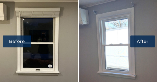 A side-by-side before-and-after comparison shows a drafty, aging window in the Figueredo home in Ipswich, MA replaced with a brand-new, energy-efficient window. The transformation highlights the clarity and improved seal of the finished installation.