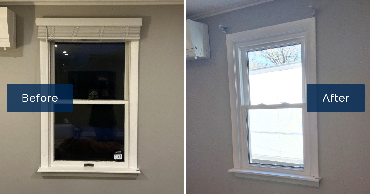 A side-by-side before-and-after comparison shows a drafty, aging window in the Figueredo home in Ipswich, MA replaced with a brand-new, energy-efficient window. The transformation highlights the clarity and improved seal of the finished installation.