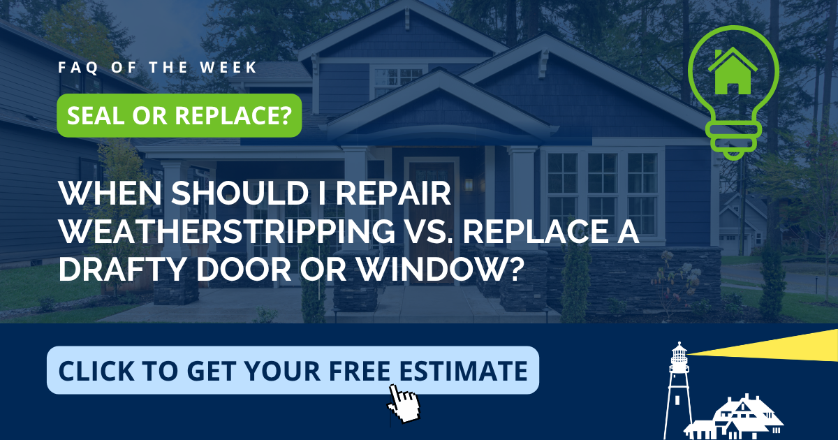 Blue craftsman-style home with a wood-tone entry door and white multi-pane windows in Needham, MA, comparing new weatherstripping with full replacement for a drafty door or window, with entry door replacement by Coastal Windows & Exteriors.