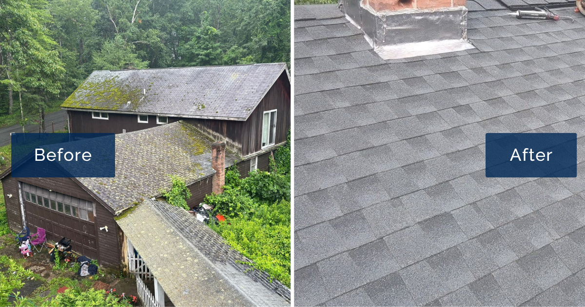 Before-and-after roof replacement by Coastal Windows & Exteriors in Phillipston, Massachusetts (42.55083, -72.13694), transforming a moss-covered, storm-damaged roof into a durable GAF Timberline HD-Z Charcoal shingle roof.