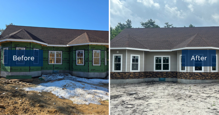 Green ZIP System sheathing and bare bay windows on a snowy lot give way to greige lap siding and a brown Evolve Stone base on this new Plymouth ranch. The before-and-after captures a full siding installation in Plymouth from start to finish.