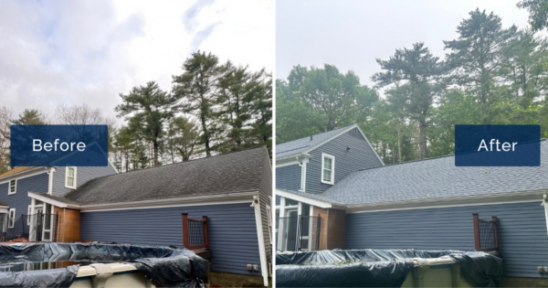 A before-and-after comparison shows the Grubb home's mossy, aging roof in Rowley, MA transformed with new GAF asphalt shingles.