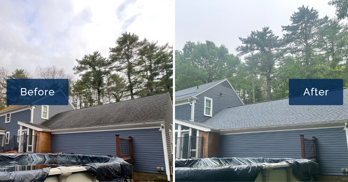 A before-and-after comparison shows the Grubb home's mossy, aging roof in Rowley, MA transformed with new GAF asphalt shingles.
