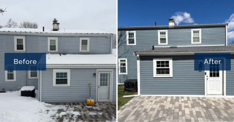 A snowy rear view shows faded light blue siding beside the same Wakefield home finished in Boothbay Blue James Hardie plank with crisp white trim. This before-and-after highlights the work of James Hardie certified installers in Wakefield, MA.