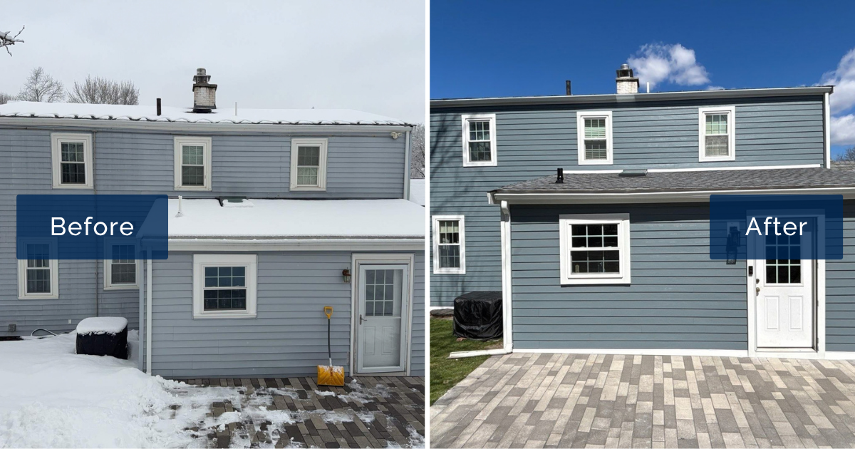 A snowy rear view shows faded light blue siding beside the same Wakefield home finished in Boothbay Blue James Hardie plank with crisp white trim. This before-and-after highlights the work of James Hardie certified installers in Wakefield, MA.